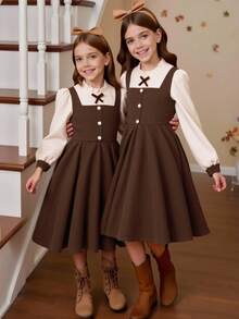 SHEIN Tween Girl Color Block Long Sleeve Homecoming Dress Fall Style US Fall Style Fall Outfits - Mocha Brown - View 6