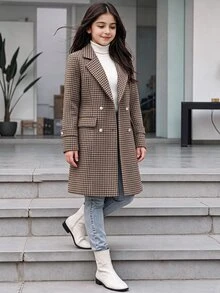 SHEIN 少女款抓絨長袖羊毛大衣，深棕色，優雅可愛奢華西式風，適合秋冬戶外、返校、日常與節日正式場合 - 黑與白 - 查看 3