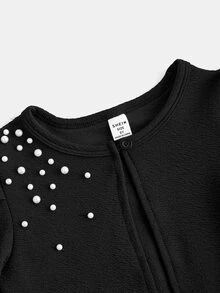 SHEIN 少女秋季服飾 紋理針織面料 甜美泡泡袖圓領珍珠裝飾 優雅短版長袖夾克，假日，夏季 - 黑色 - 查看 9