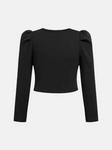 SHEIN 少女秋季服飾 紋理針織面料 甜美泡泡袖圓領珍珠裝飾 優雅短版長袖夾克，假日，夏季 - 黑色 - 查看 2
