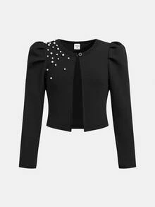 SHEIN 少女秋季服飾 紋理針織面料 甜美泡泡袖圓領珍珠裝飾 優雅短版長袖夾克，假日，夏季 - 黑色 - 查看 4