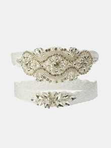 Aravennia 2pcs Women's Bridal Leg Garter With Rhinestone, Faux Pearl And Lace Embellishments, European And American Luxury Style Wedding Accessory - Silver - View 2