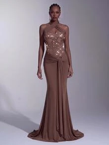 Elitara Elegant Luxurious Brown Sequin Sexy Deep V-Neck Halter Backless Design Mesh Elastic Ruched Mermaid Dress Suitable For Wedding Events, Bachelorette Parties, Vacations, Proms, Evening Gowns - Brown - View 6