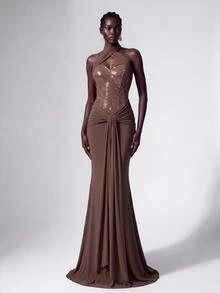 Elitara Elegant Luxurious Brown Sequin Sexy Deep V-Neck Halter Backless Design Mesh Elastic Ruched Mermaid Dress Suitable For Wedding Events, Bachelorette Parties, Vacations, Proms, Evening Gowns - Brown - View 3
