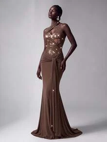 Elitara Elegant Luxurious Brown Sequin Sexy Deep V-Neck Halter Backless Design Mesh Elastic Ruched Mermaid Dress Suitable For Wedding Events, Bachelorette Parties, Vacations, Proms, Evening Gowns - Brown - View 1