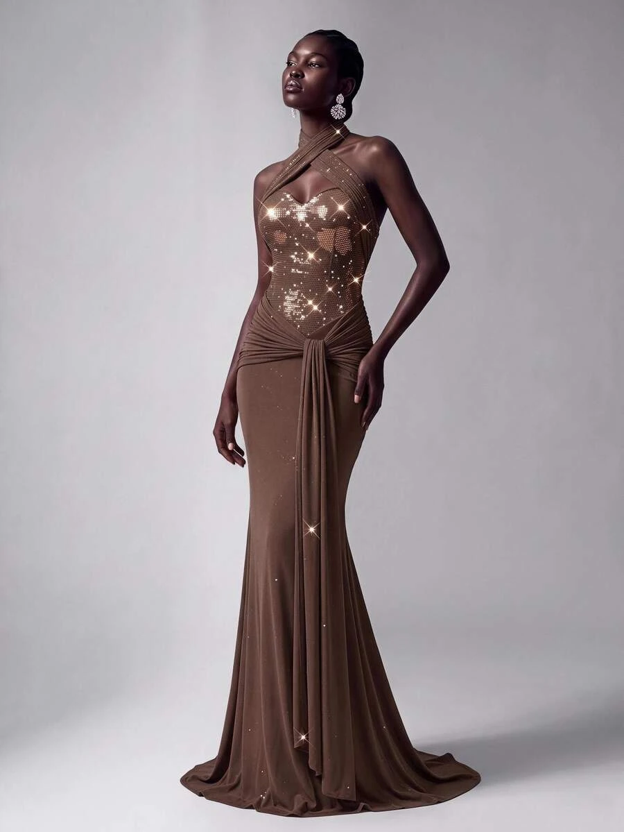 Elitara Elegant Luxurious Brown Sequin Sexy Deep V-Neck Halter Backless Design Mesh Elastic Ruched Mermaid Dress Suitable For Wedding Events, Bachelorette Parties, Vacations, Proms, Evening Gowns - Brown - View 1