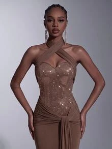 Elitara Elegant Luxurious Brown Sequin Sexy Deep V-Neck Halter Backless Design Mesh Elastic Ruched Mermaid Dress Suitable For Wedding Events, Bachelorette Parties, Vacations, Proms, Evening Gowns - Brown - View 2