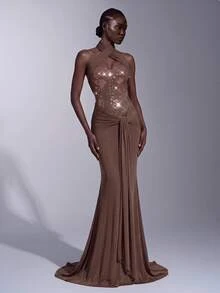 Elitara Elegant Luxurious Brown Sequin Sexy Deep V-Neck Halter Backless Design Mesh Elastic Ruched Mermaid Dress Suitable For Wedding Events, Bachelorette Parties, Vacations, Proms, Evening Gowns - Brown - View 5
