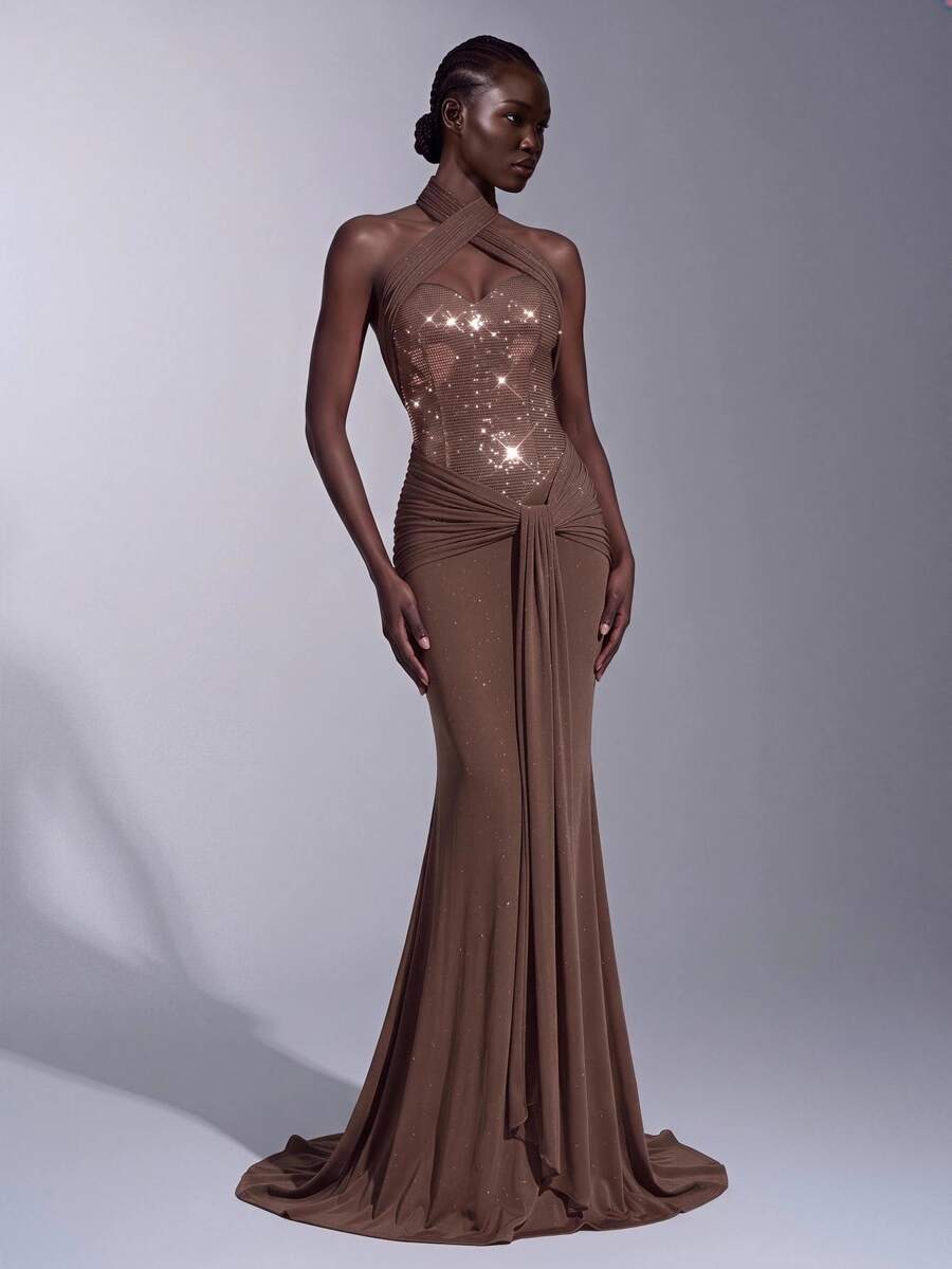 Elitara Elegant Luxurious Brown Sequin Sexy Deep V-Neck Halter Backless Design Mesh Elastic Ruched Mermaid Dress Suitable For Wedding Events, Bachelorette Parties, Vacations, Proms, Evening Gowns