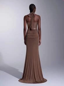 Elitara Elegant Luxurious Brown Sequin Sexy Deep V-Neck Halter Backless Design Mesh Elastic Ruched Mermaid Dress Suitable For Wedding Events, Bachelorette Parties, Vacations, Proms, Evening Gowns - Brown - View 7