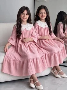 SHEIN Tween Girl Fall Dresses Summer Peter Pan Collar Ruffle Sleeve Pleated Mini Dress, Outfit Autumn Fall, Holiday Outfits - Pink - View 1
