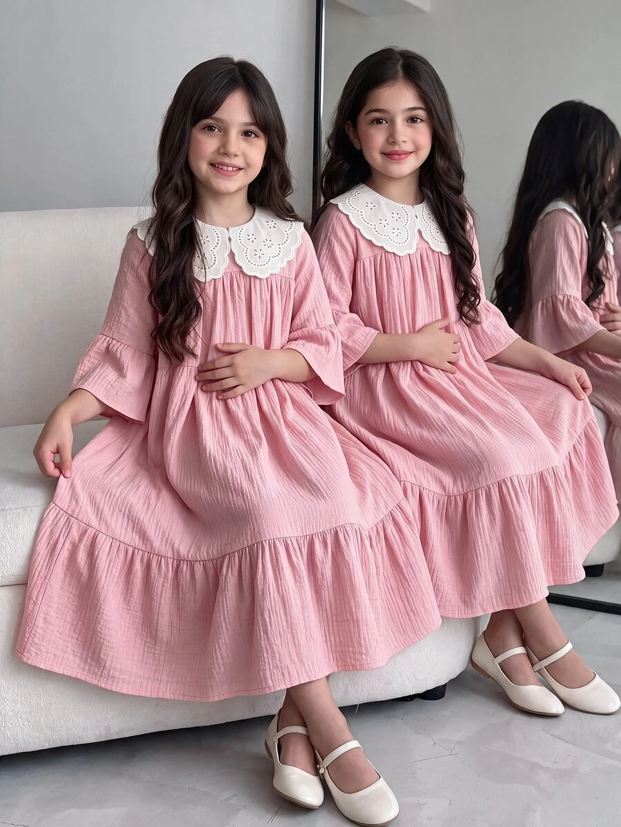 SHEIN Tween Girl Fall Dresses Summer Peter Pan Collar Ruffle Sleeve Pleated Mini Dress, Outfit Autumn Fall, Holiday Outfits - Pink - View 1