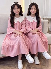 SHEIN Tween Girl Fall Dresses Summer Peter Pan Collar Ruffle Sleeve Pleated Mini Dress, Outfit Autumn Fall, Holiday Outfits - Pink - View 2