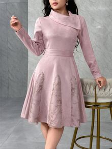 Feyla Women's Asymmetrical Slanted Neckline Embroidered Long Sleeve Dress For Evening Party Brunch Light Pink Fall Elegant - Pink - View 2