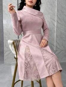 Feyla Women's Asymmetrical Slanted Neckline Embroidered Long Sleeve Dress For Evening Party Brunch Light Pink Fall Elegant - Pink - View 4