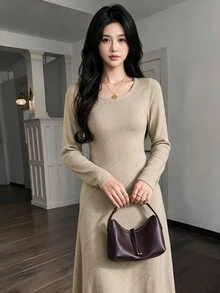 Feyla Women's Solid Color Round Neck Long Sleeve Casual Knit Dress - Khaki - View 8