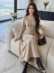 Feyla Women's Solid Color Round Neck Long Sleeve Casual Knit Dress - Khaki - View 4
