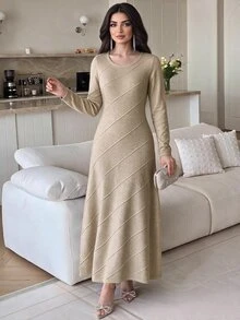 Feyla Women's Solid Color Round Neck Long Sleeve Casual Knit Dress - Khaki - View 3