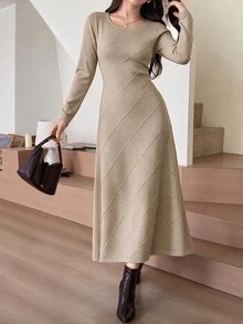 Feyla Women's Solid Color Round Neck Long Sleeve Casual Knit Dress - Khaki - View 1