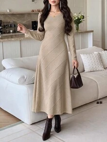 Feyla Women's Solid Color Round Neck Long Sleeve Casual Knit Dress - Khaki - View 5