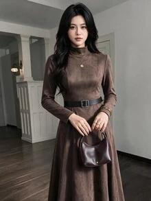 Heiryn فستان أنيق للنساء بلون موحد وياقة واقفة وأكمام طويلة - بني - مشاهدة 9