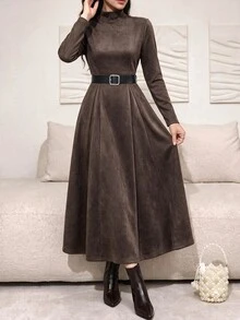 Heiryn فستان أنيق للنساء بلون موحد وياقة واقفة وأكمام طويلة - بني - مشاهدة 12