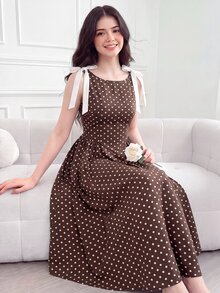 SHEIN 青少年女孩優雅奢華可愛夏季棕色派對無袖迷你洋裝，畢業穿搭 - 彩色 - 查看 1