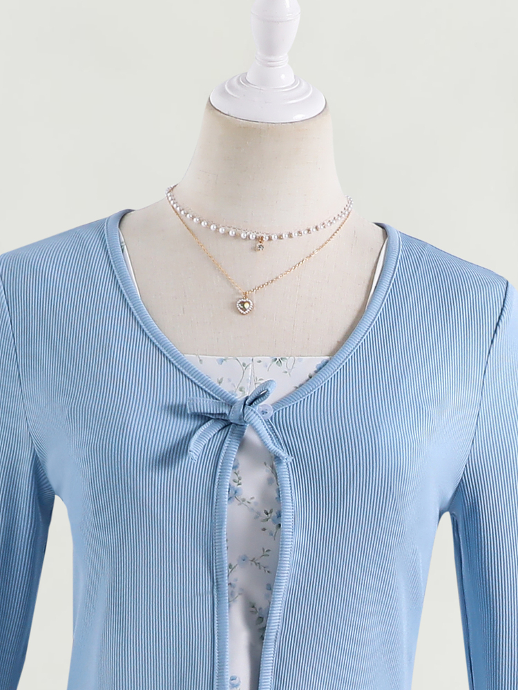 SHEIN 2pcs/Set Teen Petite Girls Spring/Autumn Casual Knit Ribbed Bow Decor Cardigan Top And Woven Printed Elegant Spaghetti Strap Simple Dress, Thermal Lined Thickened For Autumn/Winter - Baby Blue - View 6