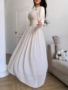 Feyla 女款優雅浪漫純色交叉腰燈籠袖洋裝，杏色，適合婚禮、晚餐、茶會、晚會，秋季穿搭 - 杏色 - 查看 7