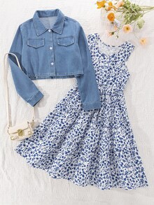 SHEIN 2pcs/Set Teen Girls' Ditsy Floral Casual Summer Dress And Single-Breasted Long Sleeve Jacket Set,Holiday,Summer,Travel Autumn Fall, Fall Outfits - Blue - View 9