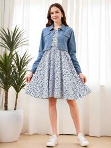 SHEIN 2pcs/Set Teen Girls' Ditsy Floral Casual Summer Dress And Single-Breasted Long Sleeve Jacket Set,Holiday,Summer,Travel Autumn Fall, Fall Outfits - Blue - View 7