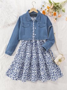 SHEIN 2pcs/Set Teen Girls' Ditsy Floral Casual Summer Dress And Single-Breasted Long Sleeve Jacket Set,Holiday,Summer,Travel Autumn Fall, Fall Outfits - Blue - View 5