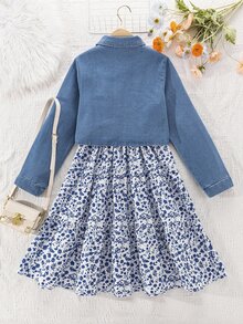 SHEIN 2pcs/Set Teen Girls' Ditsy Floral Casual Summer Dress And Single-Breasted Long Sleeve Jacket Set,Holiday,Summer,Travel Autumn Fall, Fall Outfits - Blue - View 2