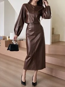 Feyla Women's Elegant Button Long Sleeve Jacket And PU Material Midi Skirt 2 Pieces Set - Brown - View 12
