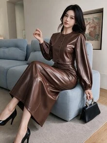Feyla Women's Elegant Button Long Sleeve Jacket And PU Material Midi Skirt 2 Pieces Set - Brown - View 3