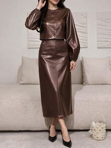 Feyla Women's Elegant Button Long Sleeve Jacket And PU Material Midi Skirt 2 Pieces Set - Brown - View 10