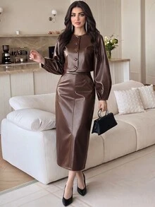 Feyla Women's Elegant Button Long Sleeve Jacket And PU Material Midi Skirt 2 Pieces Set - Brown - View 1