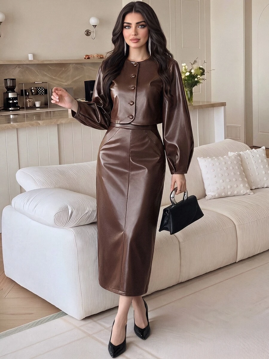 Feyla Women's Elegant Button Long Sleeve Jacket And PU Material Midi Skirt 2 Pieces Set - Brown - View 1