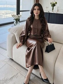 Feyla Women's Elegant Button Long Sleeve Jacket And PU Material Midi Skirt 2 Pieces Set - Brown - View 5