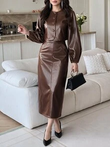 Feyla Women's Elegant Button Long Sleeve Jacket And PU Material Midi Skirt 2 Pieces Set - Brown - View 2