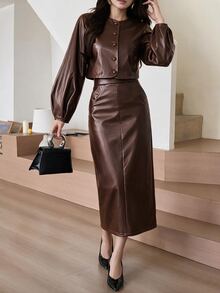 Feyla Women's Elegant Button Long Sleeve Jacket And PU Material Midi Skirt 2 Pieces Set - Brown - View 4