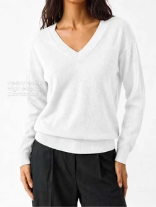 YARNWELL 女款純色V領長袖休閒百搭針織衫 - 米色 - 查看 4