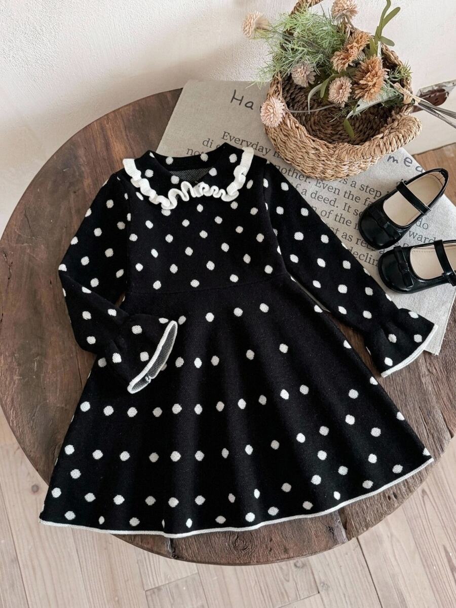 SHEIN Young Girls Polka Dot Kids Autumn/Winter Thermal Lined Thickened Minimalist Dress - Black and White - View 1