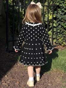 SHEIN Young Girls Polka Dot Kids Autumn/Winter Thermal Lined Thickened Minimalist Dress - Black and White - View 6