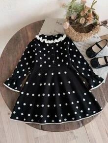 SHEIN Young Girls Polka Dot Kids Autumn/Winter Thermal Lined Thickened Minimalist Dress - Black and White - View 2