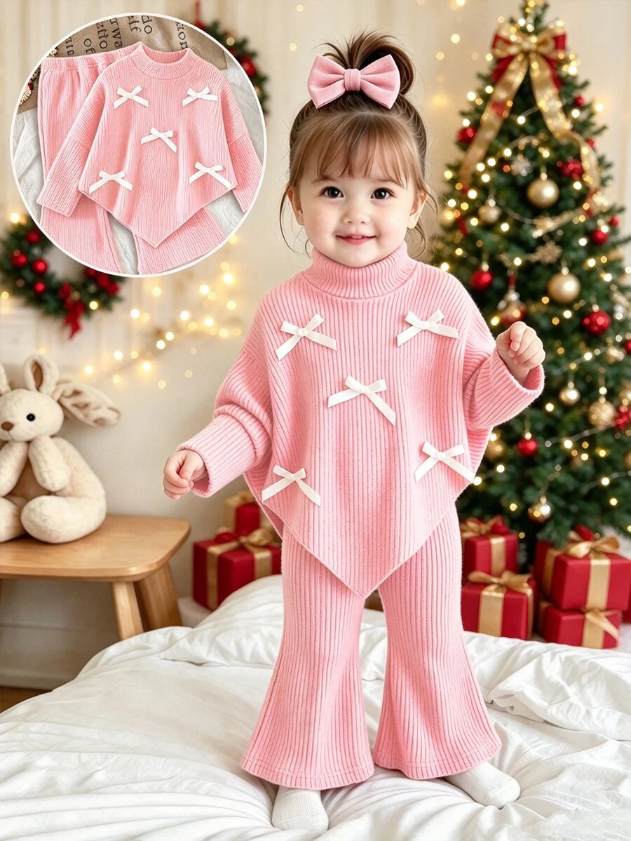 SHEIN Baby Girls Infant (Girl) Fall Winter Casual T-Shirt 2pcs Set Front Black Ribbon Bow Design Asymmetrical Pullover High Neck Knitted Ribbed Brushed - Pink - View 1