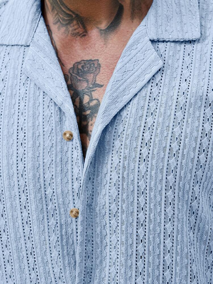 VENTUSAIL 2 Pcs/Set Men's Light Blue Solid Color Hollow Button-Down Shirt And Shorts Set,Summer Casual Vacation Holiday Outfits,Cozy Beach Resort Wear - Baby Blue - View 6