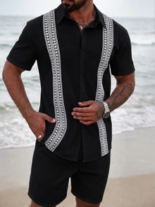 VENTUSAIL Men's Casual Contrast Color Lace Trim Shirt, Summer - Black - View 2