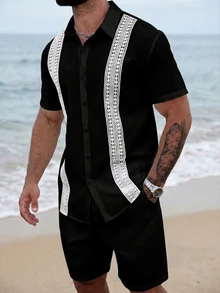 VENTUSAIL Men's Casual Contrast Color Lace Trim Shirt, Summer - Black - View 3