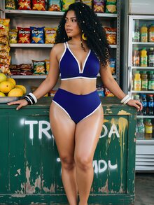 Swim Vcay Plus Size Women 2 Pieces Solid Color Black White Vacation Slimming Tummy Control Bow High Waist High Leg Triangle Bikini Set Beach Party Summer - Navy Blue - View 11